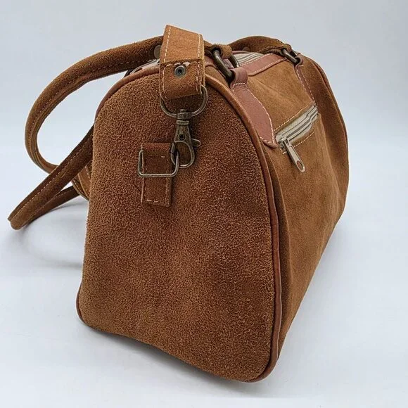 Vintage Brown Suede Satchel Embroidered Details & Multiple Zipper Pockets - Picture 4 of 13